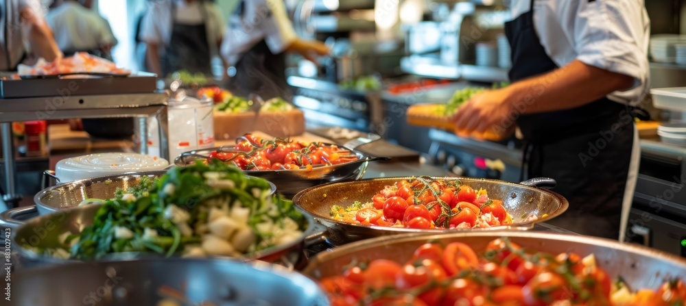 Obraz premium Busy Urban Kitchen Chef Preparing Tomato Bruschetta with Fresh Ingredients for a Crowd