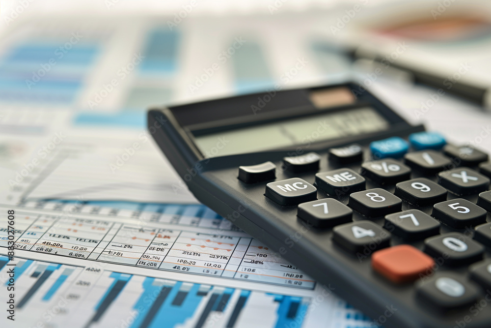 calculator placed on top of financial reports and documents, on the table calculator placed on top of financial reports and documents, on the table