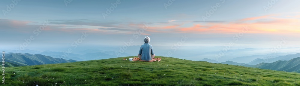 A person is sitting on a hillside in a grassy field A person is sitting on a hillside in a grassy field