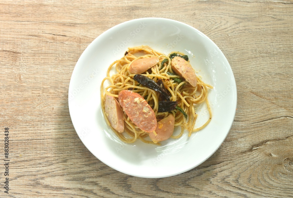 spicy stir fried spaghetti slice pork sausage with dry chili and basil leaf on plate spicy stir fried spaghetti slice pork sausage with dry chili and basil leaf on plate