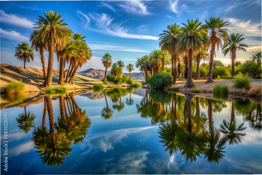 A beautiful landscape with a body of water and palm trees. The water is calm and reflects the sky and trees. The scene is peaceful and serene, with the palm trees providing a tropical feel A beautiful landscape with a body of water and palm trees. The water is calm and reflects the sky and trees. The scene is peaceful and serene, with the palm trees providing a tropical feel