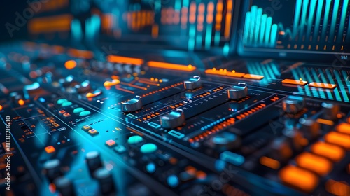 Wallpaper Mural Mixing: A futuristic studio setup showing multiple audio tracks being balanced and combined in real-time, with digital meters and waveforms dynamically adjusting levels, EQ, and compression  Torontodigital.ca