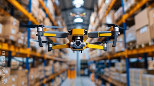 Modern warehouse equipped with intelligent management systems, featuring drones for inventory checks and stocktaking. photo