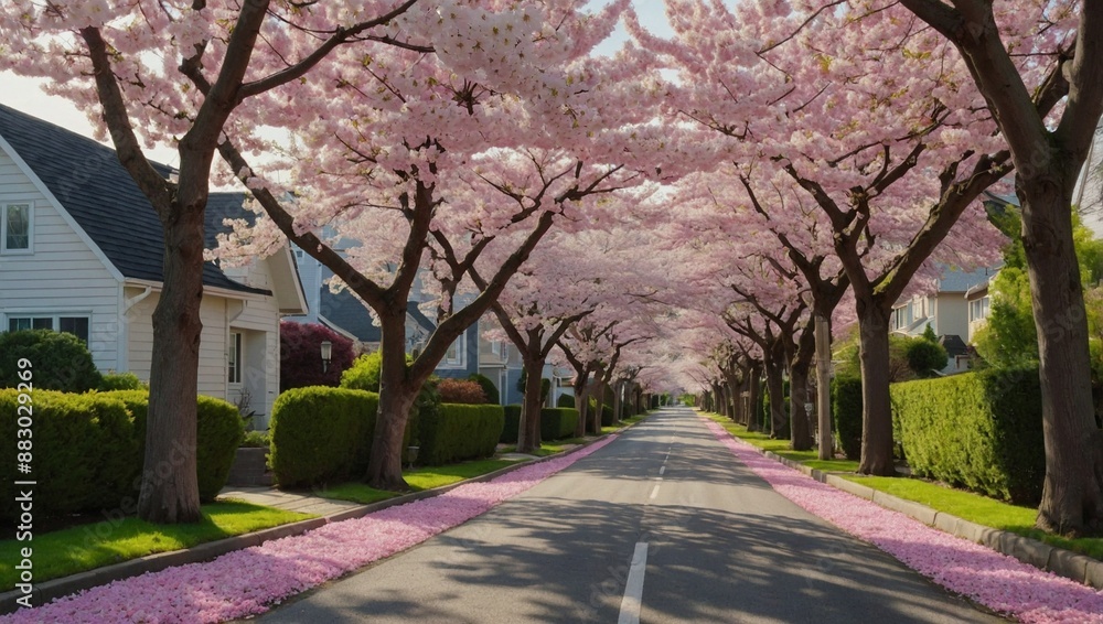 A quiet suburban street lined with cherry blossom trees A quiet suburban street lined with cherry blossom trees