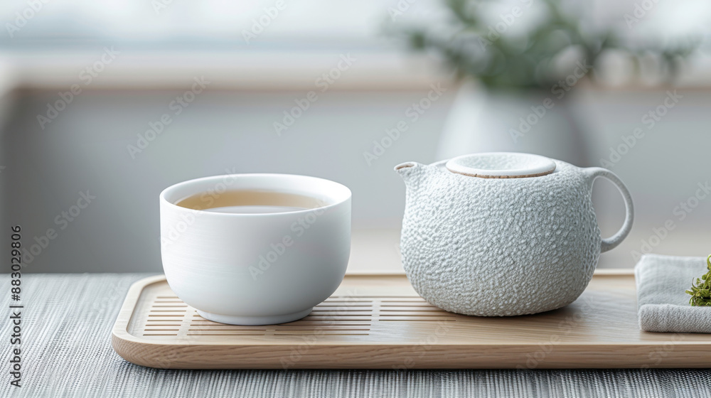 A white tea pot and a white cup of tea sit on a wooden tray A white tea pot and a white cup of tea sit on a wooden tray