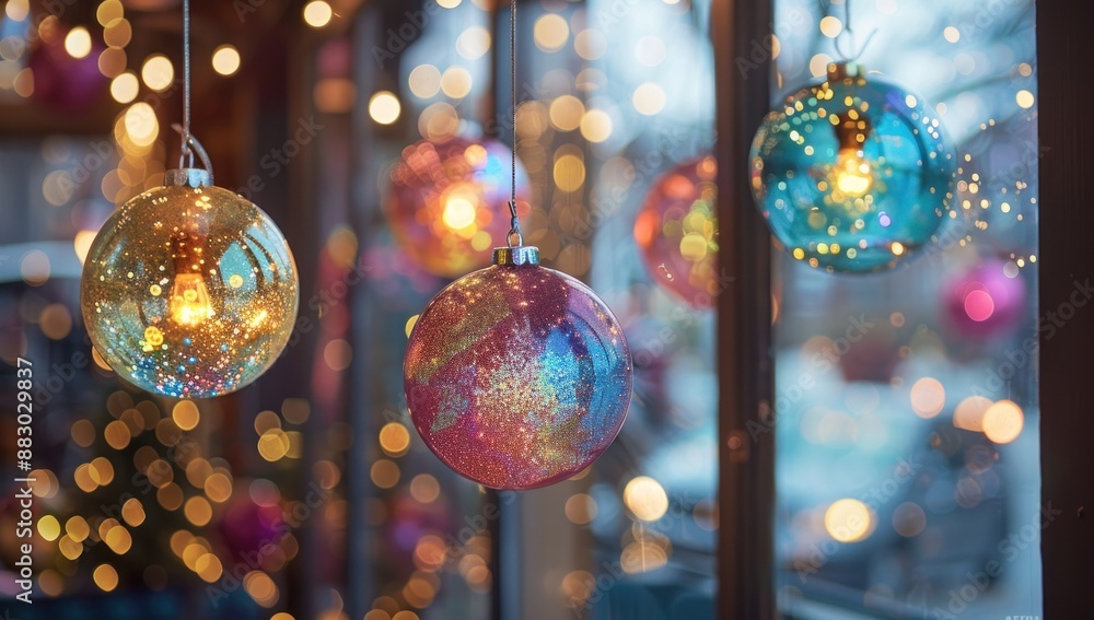 Festive Holiday Ornaments Hanging in Window Festive Holiday Ornaments Hanging in Window