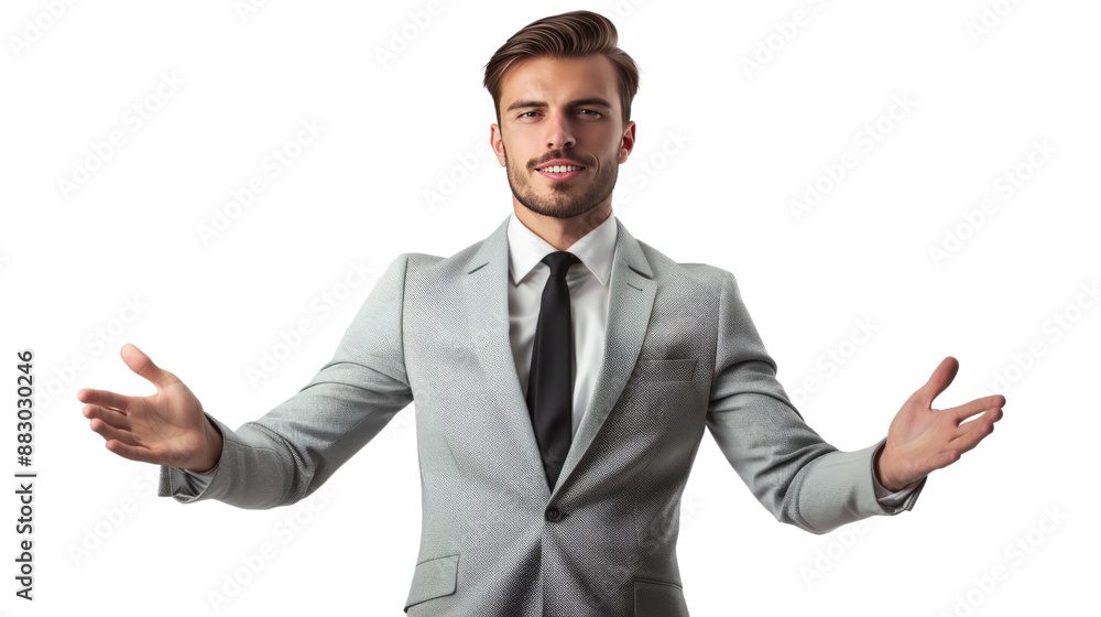 Businessman in formal suit with Obscured Face Gesturing Openly Businessman in formal suit with Obscured Face Gesturing Openly