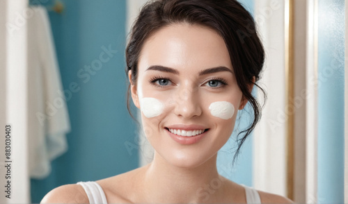 Beauty portrait. Moisturizing cream on the face of a young woman. Skin care.