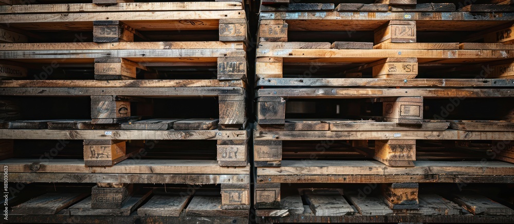 Stacked Wooden Pallets in a Warehouse Stacked Wooden Pallets in a Warehouse