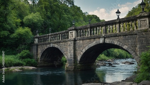 An old stone bridge spanning a gently flowing river