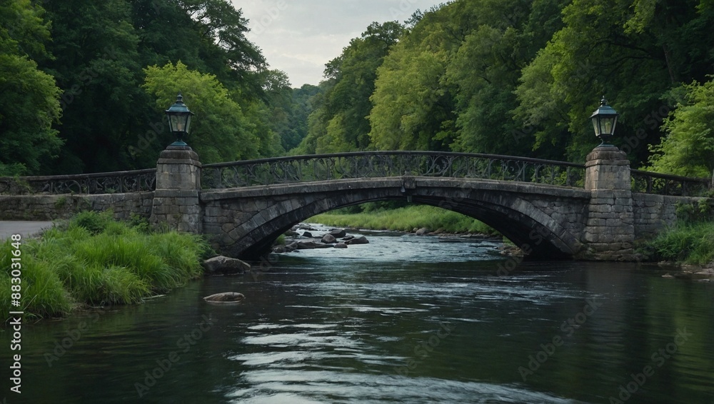 An old stone bridge spanning a gently flowing river An old stone bridge spanning a gently flowing river