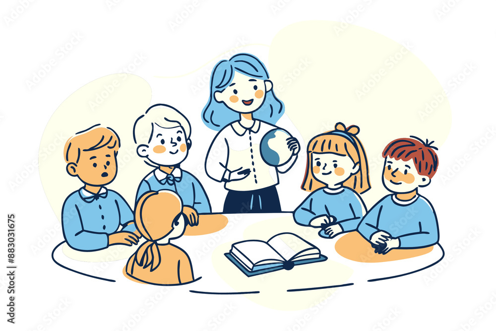 teacher with children and globe, cartoon style, illustration, educational concept, white background, international literacy day, teacher's day
teacher with children and globe, cartoon style, illustration, educational concept, white background, international literacy day, teacher's day