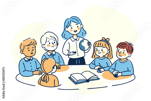 teacher with children and globe, cartoon style, illustration, educational concept, white background, international literacy day, teacher's day
