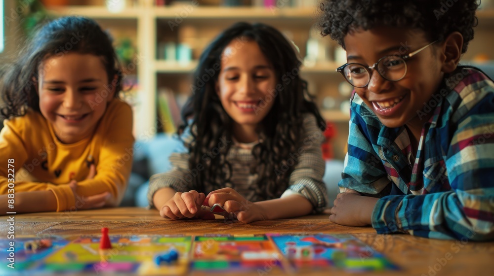 Three children are playing a board game together, smiling and laughing Three children are playing a board game together, smiling and laughing