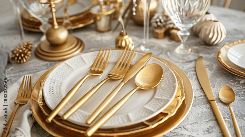 A set of gold utensils arranged on a modern dining table with elegant tableware, showcasing a luxurious and contemporary dining experience A set of gold utensils arranged on a modern dining table with elegant tableware, showcasing a luxurious and contemporary dining experience