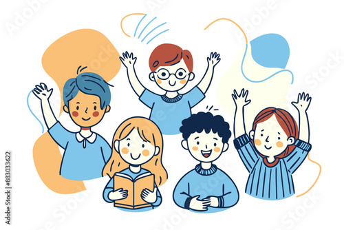 kids raising hands in classroom, cartoon style, cheerful, light background, illustration, international literacy day, teacher's day