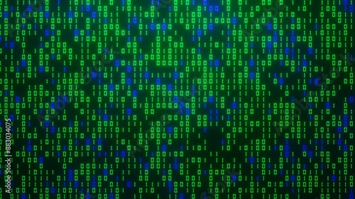 Cyber space, digital technology and big data concept. Binary code abstract background. Green and blue numbers zero, one display on monitor screen. 4K video looped animation 3D rendering.