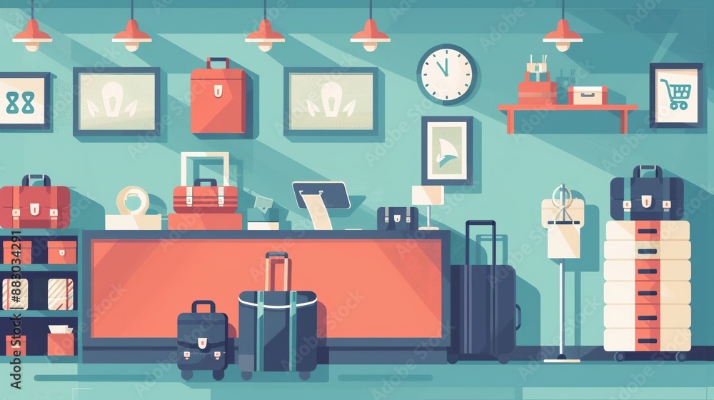 Luggage storage service, bell desk, flat design illustration Luggage storage service, bell desk, flat design illustration