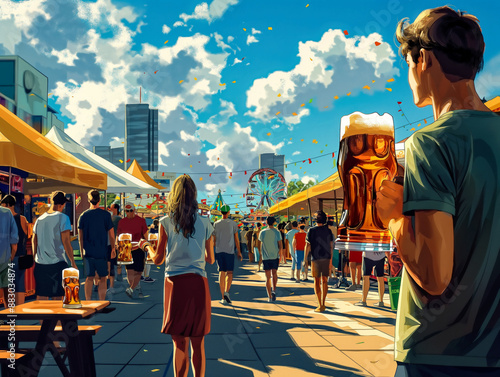 A man is holding a beer in a crowded outdoor area. The scene is lively and bustling with people walking around and enjoying the atmosphere photo