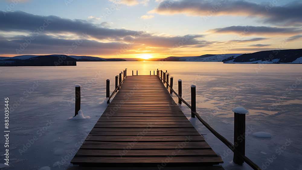 A perfectly symmetrical jetty extends over a frozen lake, with rolling hills visible in the distance. A perfectly symmetrical jetty extends over a frozen lake, with rolling hills visible in the distance.