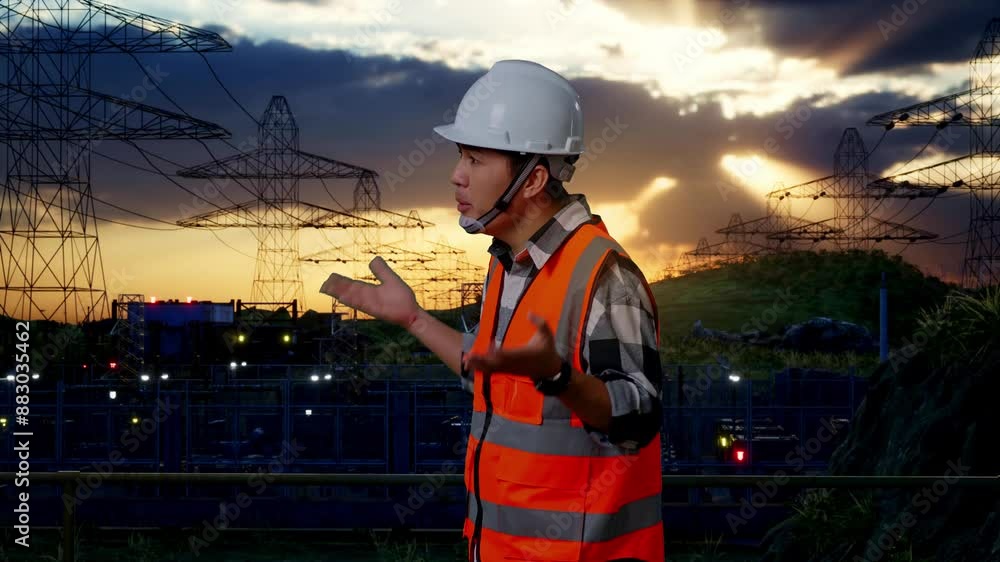 Side View Of Wondering Asian Male Engineer With Safety Helmet Saying Why Working Doubtfully near High voltage tower Side View Of Wondering Asian Male Engineer With Safety Helmet Saying Why Working Doubtfully near High voltage tower