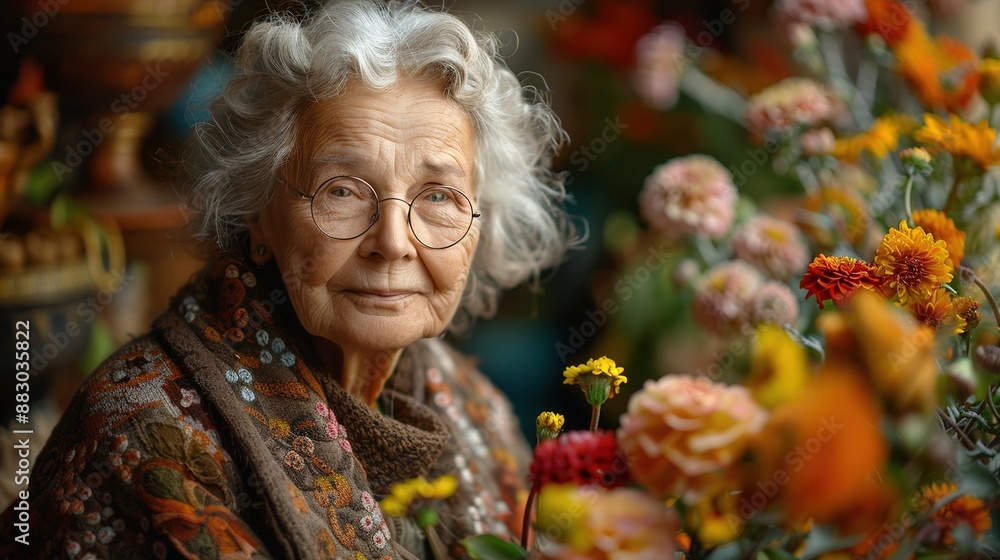 A woman with glasses and gray hair is sitting in front of a vase of flowers A woman with glasses and gray hair is sitting in front of a vase of flowers