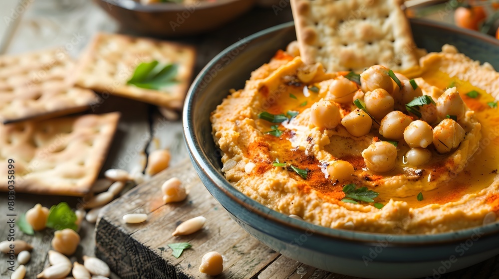 From above dunking cracker in plate with carrot and chickpea hummus with seeds. From above dunking cracker in plate with carrot and chickpea hummus with seeds.