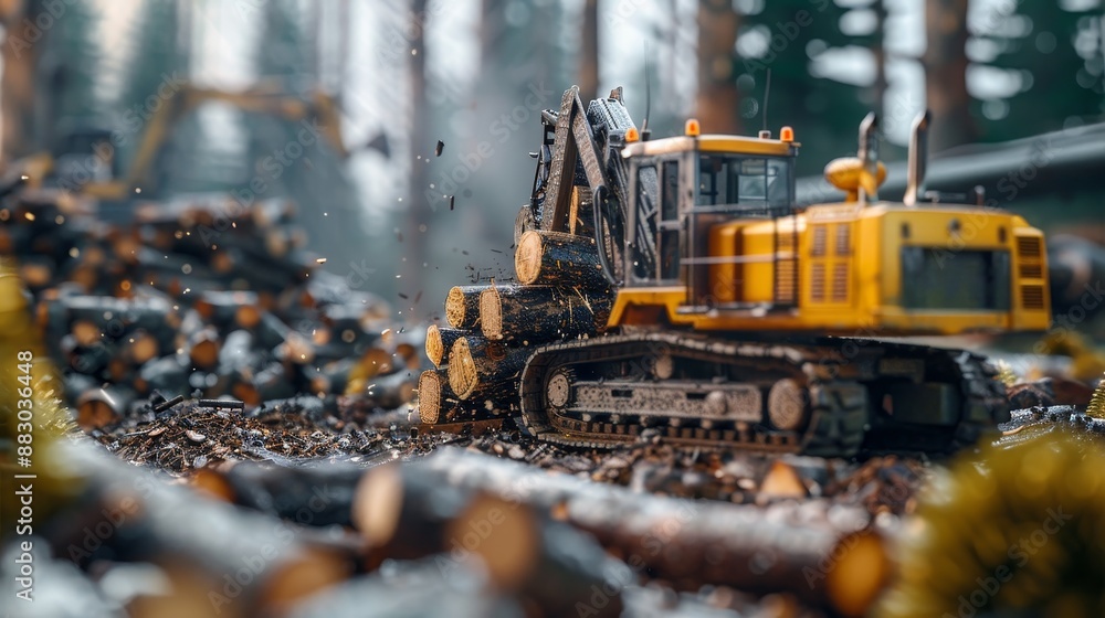 Close-up of heavy machinery transporting logs in a forest logging site, with wood debris and equipment in the background. Close-up of heavy machinery transporting logs in a forest logging site, with wood debris and equipment in the background.
