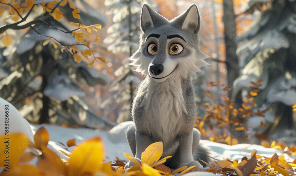 Fototapeta premium Cute 3d wolf lizard with big eyes in nature