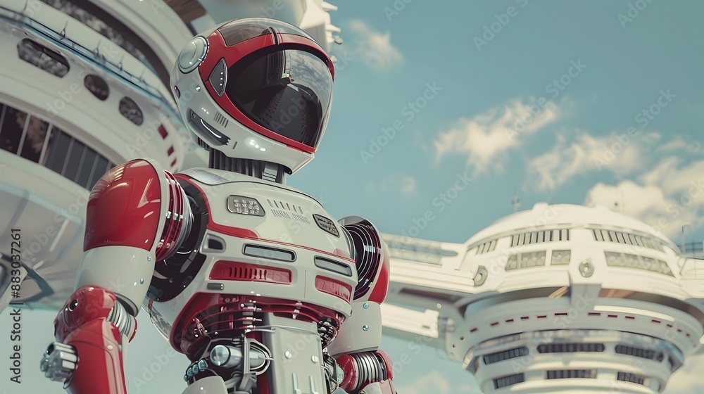 Retro Robot on Futuristic 1960s Spaceship Old Meets New Concept Retro Robot on Futuristic 1960s Spaceship Old Meets New Concept