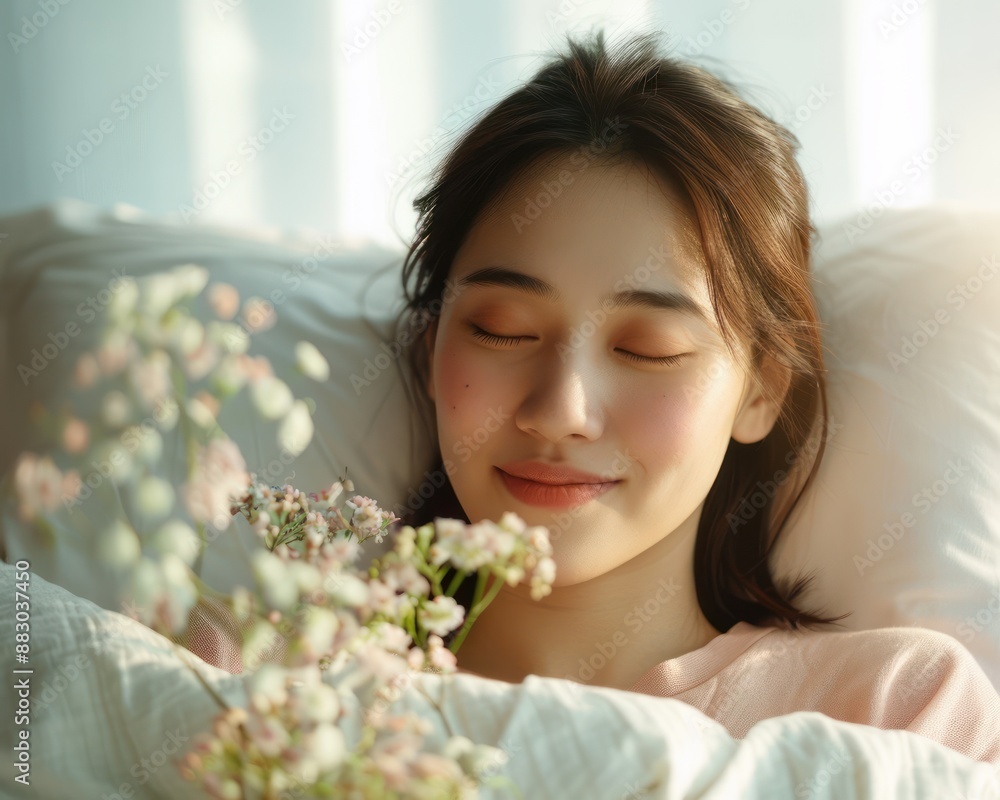 Peaceful Morning Woman Relaxing in Bed with Flowers, Soft Sunlight Streaming Through Window, Calm and Serene Atmosphere, Gentle Beauty and Tranquility, Perfect Start to the Day Peaceful Morning Woman Relaxing in Bed with Flowers, Soft Sunlight Streaming Through Window, Calm and Serene Atmosphere, Gentle Beauty and Tranquility, Perfect Start to the Day