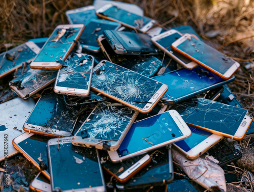 Obraz na płótnie A pile of broken cell phones. The phones are in various states of disrepair, with some having shattered screens and others missing parts. Concept of waste and destruction w salonie