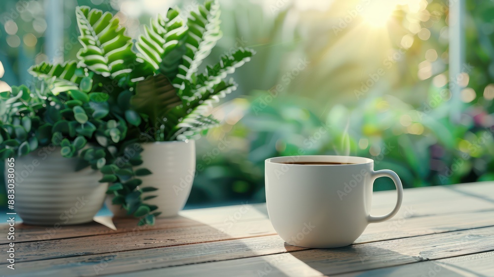 Start Your Day with a Cup of Coffee and a Clear Vision, A Refreshing Morning with a Warm Drink and Beautiful Greenery The Sunlight Streams Through the Window, Illuminating the Potted Plants and the Start Your Day with a Cup of Coffee and a Clear Vision, A Refreshing Morning with a Warm Drink and Beautiful Greenery The Sunlight Streams Through the Window, Illuminating the Potted Plants and the