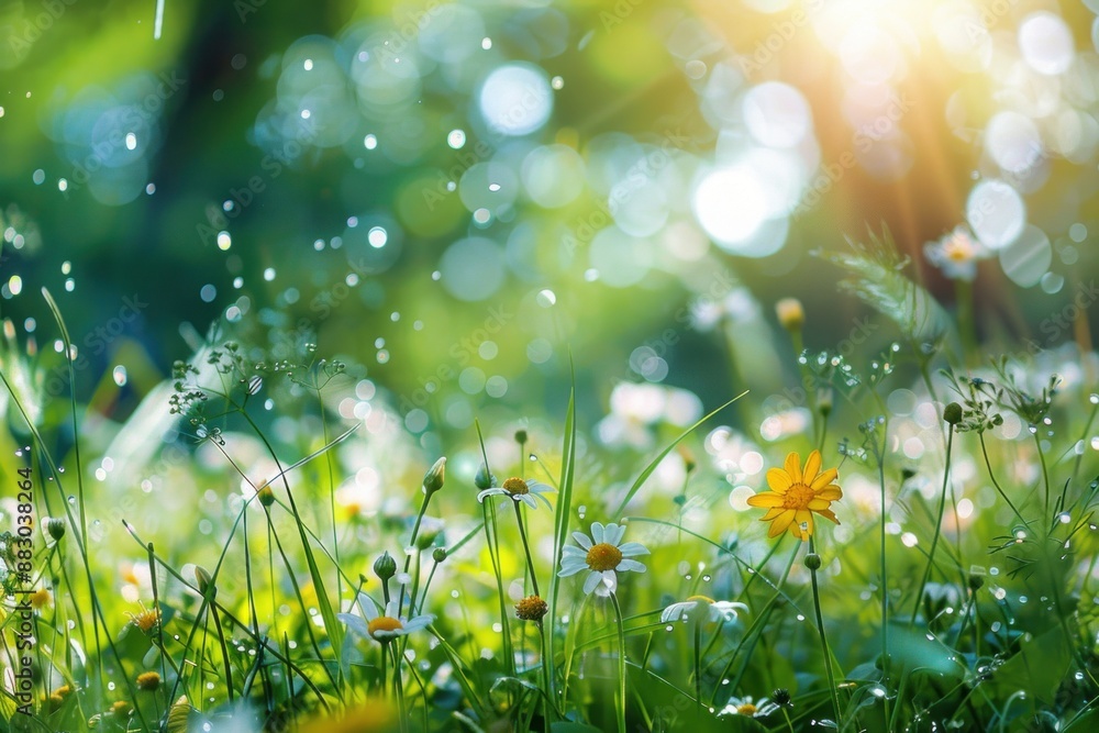 Fototapeta premium Sunny Meadow with Daisies and Dewdrops