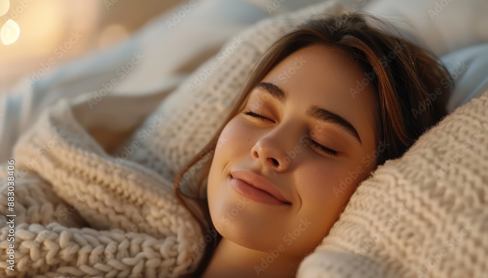Woman Waking Up in a Cozy Bed with Soft Pillows and Warm Blankets, Peaceful Morning Start to a Relaxing Day