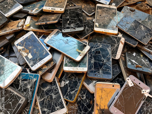 A pile of broken cell phones. The phones are in various states of disrepair, with some having shattered screens and others missing parts. Concept of waste and destruction