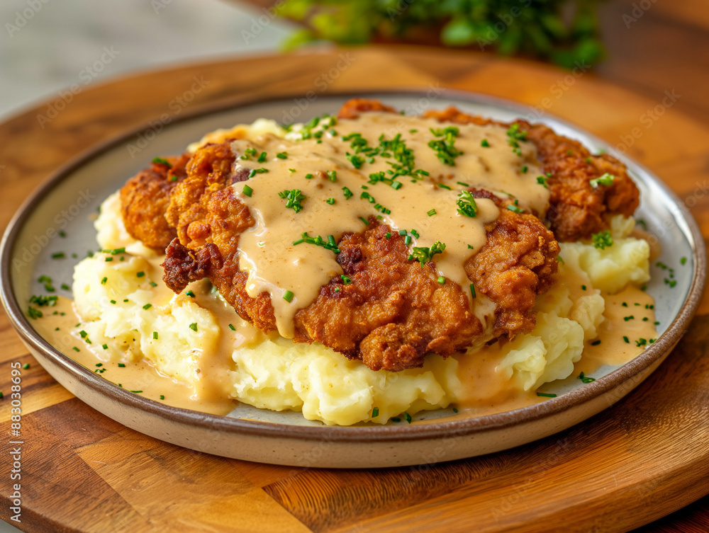 A plate of fried chicken and mashed potatoes with gravy. The plate is on a wooden cutting board A plate of fried chicken and mashed potatoes with gravy. The plate is on a wooden cutting board