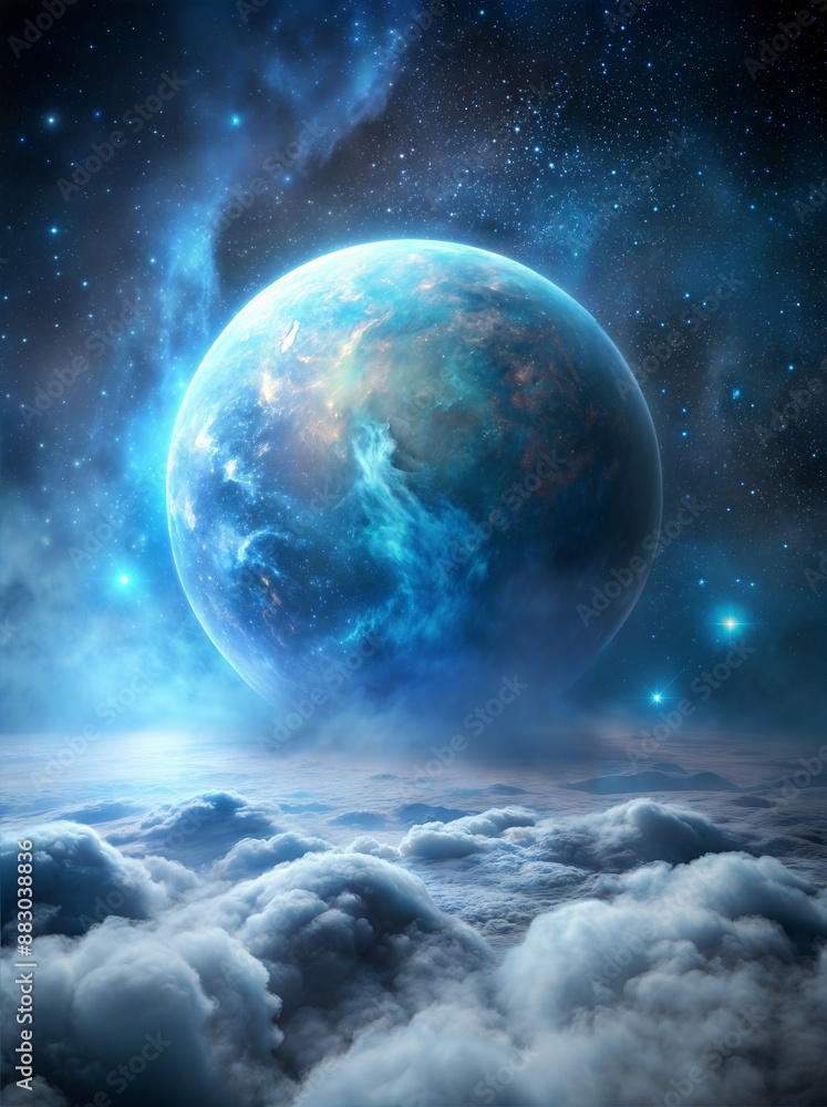 A Blue Planet Rising Over a Sea of Clouds in the Night Sky. Generative AI A Blue Planet Rising Over a Sea of Clouds in the Night Sky. Generative AI