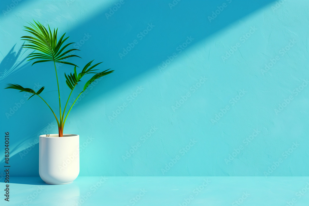 Palm leaf casting shadows on a white wall in a minimalist style. The vibrant yellow and blue background enhances the tropical feel. Palm leaf casting shadows on a white wall in a minimalist style. The vibrant yellow and blue background enhances the tropical feel.