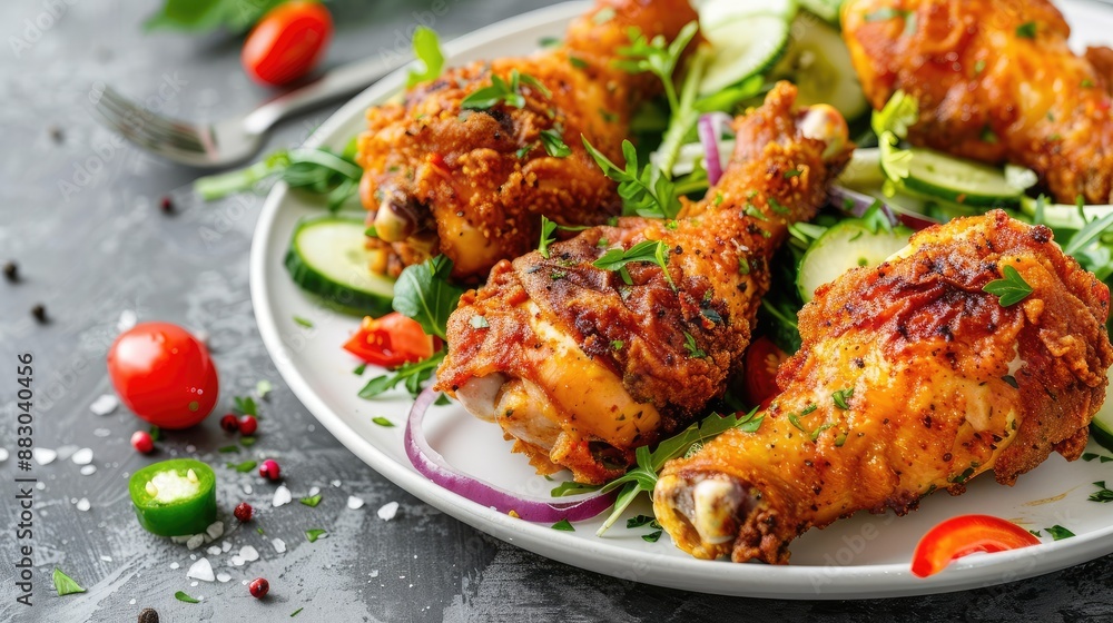 Homemade fried chicken legs with garnish of fresh vegetable salad Homemade fried chicken legs with garnish of fresh vegetable salad