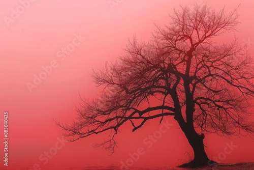 Silhouette of a leafless tree against a red gradient background