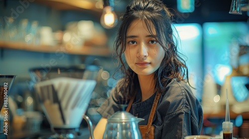 A woman is sitting at a table with a coffee pot in front of her
