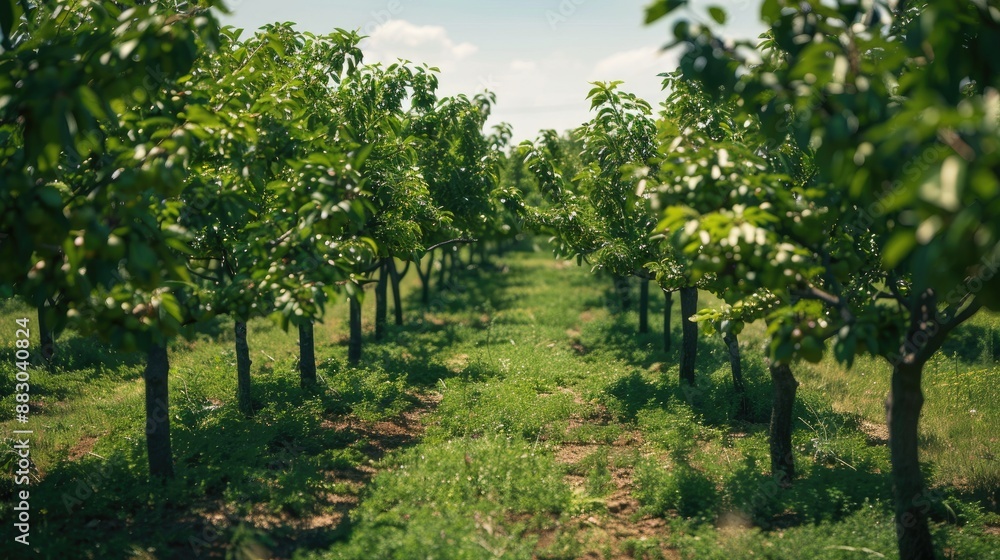 Even rows with young green cherry fruit trees Orchard on a summer day Even rows with young green cherry fruit trees Orchard on a summer day