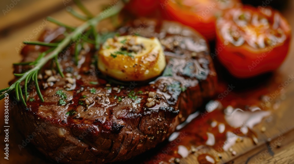 12oz ribeye steak topped with truffle butter and grilled tomato Shallow DOF 12oz ribeye steak topped with truffle butter and grilled tomato Shallow DOF