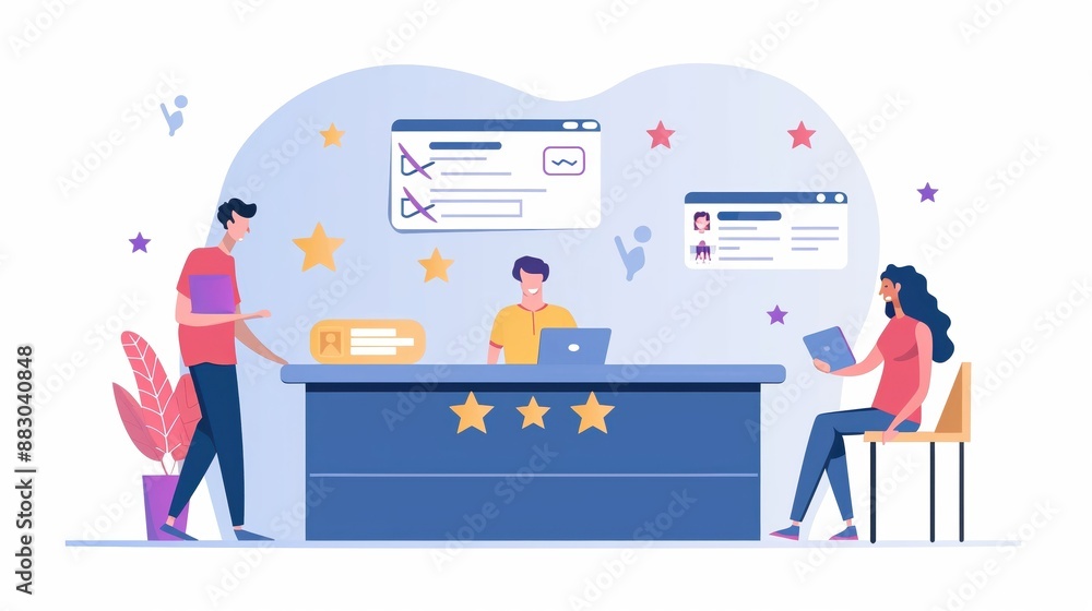 Guest satisfaction survey, front desk activity, flat design illustration Guest satisfaction survey, front desk activity, flat design illustration