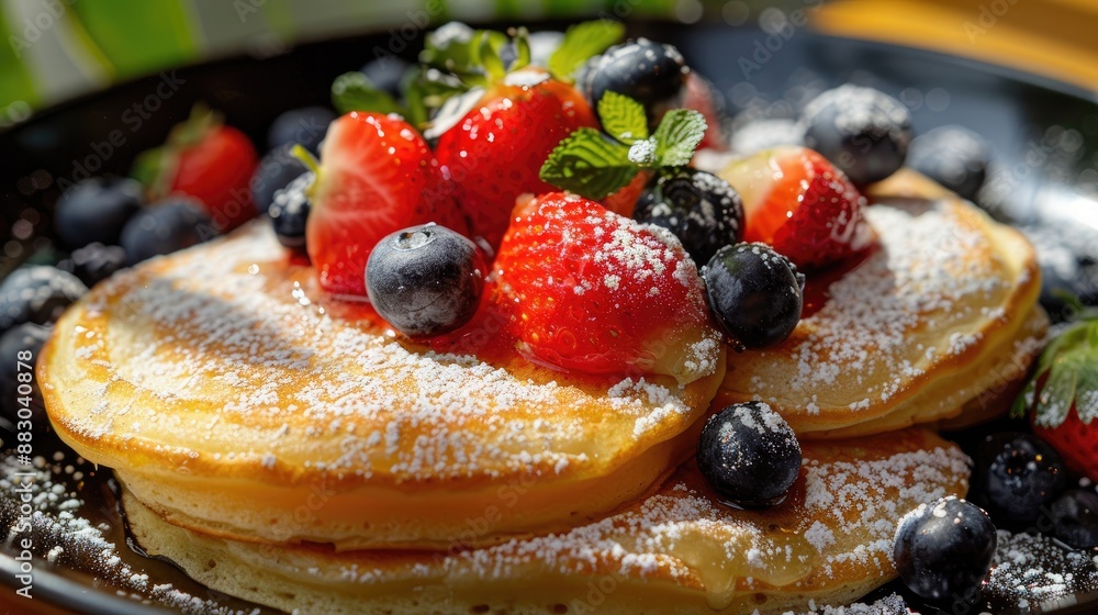 Japanese soft pancakes with berries sprinkled with powdered sugar Japanese soft pancakes with berries sprinkled with powdered sugar