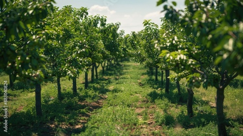 Even rows with young green cherry fruit trees Orchard on a summer day