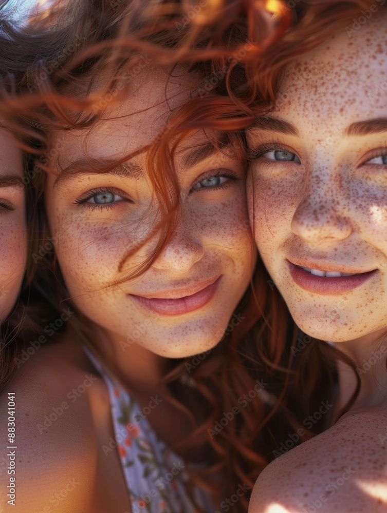 Three young girls with freckles posing for a photo shoot Three young girls with freckles posing for a photo shoot