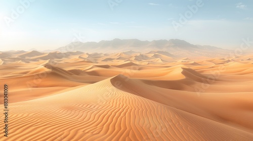 Top view of an expansive sandscape in a desert, featuring rolling dunes and fine, smooth sand. The image conveys a sense of vastness and isolation, with the endless expanse of dunes stretching out as