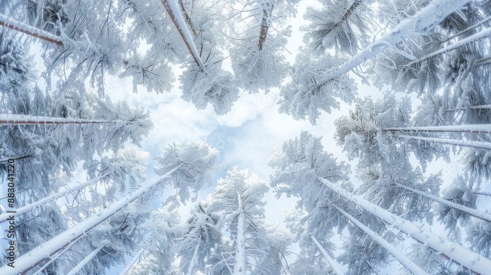 Obraz premium Top view of a snow-covered forest in winter The tall trees are draped in a thick layer of snow creating a serene and enchanting winter landscape The pristine white snow contrasts beautifully with the